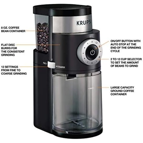 KRUPS Precision Burr Coffee Grinder: 12 Settings, 8 oz Capacity for Drip - Image 2