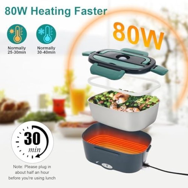 Electric Lunch Box Food Heater, 80W Portable Warmer for Car Truck Work - Image 2