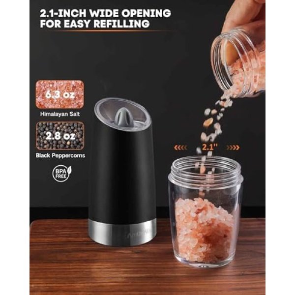 AmuseWit Gravity Electric Salt and Pepper Grinder Set of 2 [White Light] Battery - Image 5