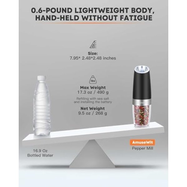 AmuseWit Gravity Electric Salt and Pepper Grinder Set of 2 [White Light] Battery - Image 6