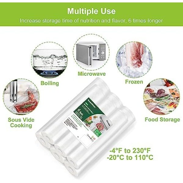 Bonsenkitchen Vacuum Sealer Rolls Bags, 6 Pack 3 Rolls 11" x 20' + 3 Rolls 8" - Image 3