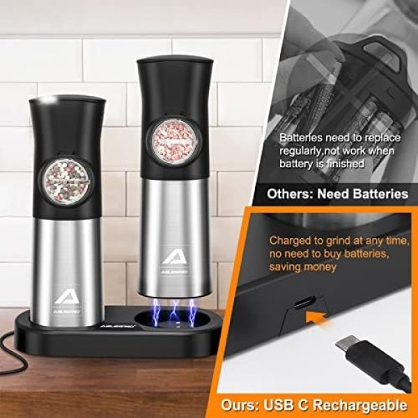 ABLEGRID Gravity Electric Salt and Pepper Grinder Set,Rechargeable Automatic - Image 3