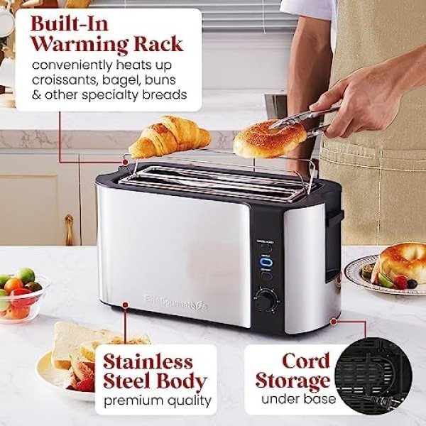Elite Gourmet ECT-3100 Long Slot 4 Slice Toaster, Reheat, 6 Toast Settings - Image 4