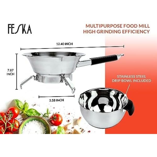 Food Mill Stainless Steel with 3 Grinding Discs, Milling Handle & Stainless - Image 2