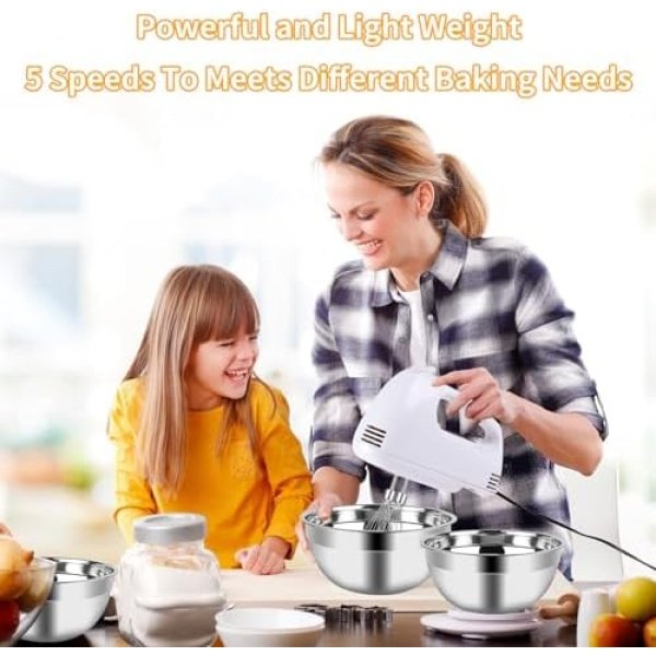 Hand Mixer Electric Mixing Bowls Set, 5 Speeds Handheld Mixer - Image 3