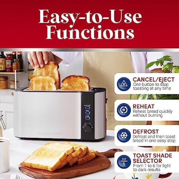 Elite Gourmet ECT-3100 Long Slot 4 Slice Toaster, Reheat, 6 Toast Settings - Image 3