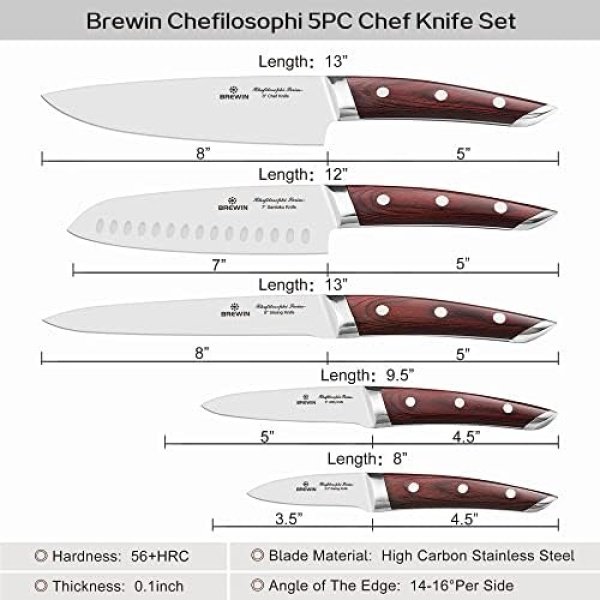 Brewin CHEFILOSOPHI Japanese Chef Knife Set 5 PCS with Elegant Red Pakkawood - Image 5