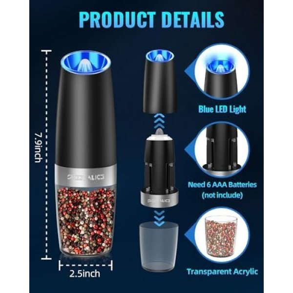 Sweet Alice Gravity Electric Pepper and Salt Grinder Set, Adjustable Coarseness - Image 6
