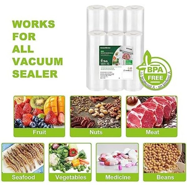 Bonsenkitchen Vacuum Sealer Rolls Bags, 6 Pack 3 Rolls 11" x 20' + 3 Rolls 8" - Image 4