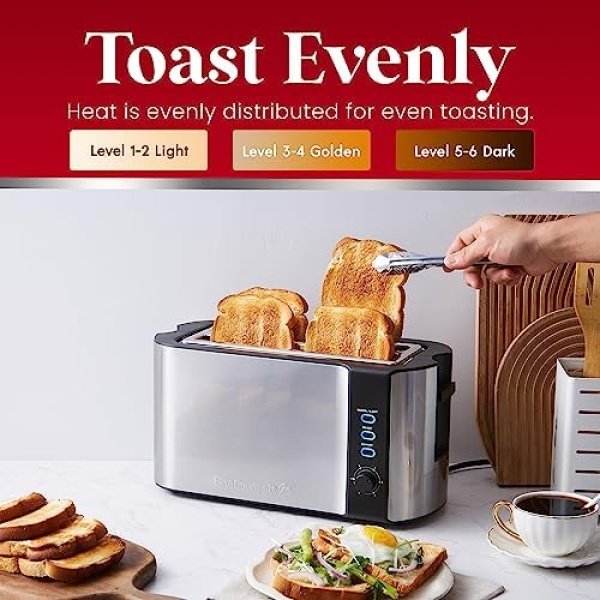 Elite Gourmet ECT-3100 Long Slot 4 Slice Toaster, Reheat, 6 Toast Settings - Image 5
