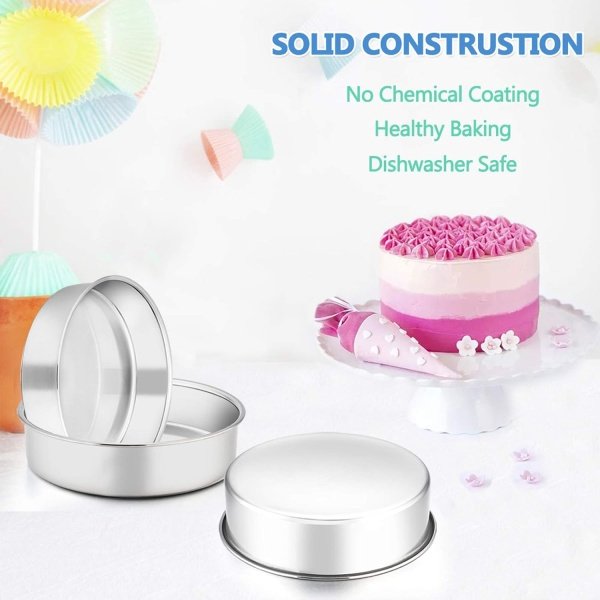 E-far 6 Inch Cake Pan Set of 3, Stainless Steel Round Smash Cake Baking Pans - Image 4