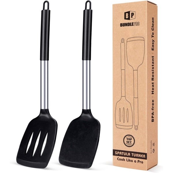 Pack of 2 Silicone Solid Turner, Non Stick Slotted Kitchen Spatulas
