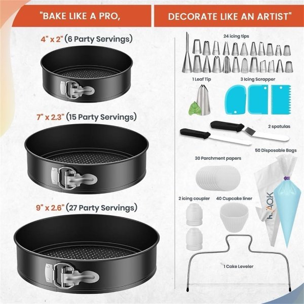 RFAQK 150PCs Cake Pan Set for Baking + Cake Decorating Supplies - Image 2
