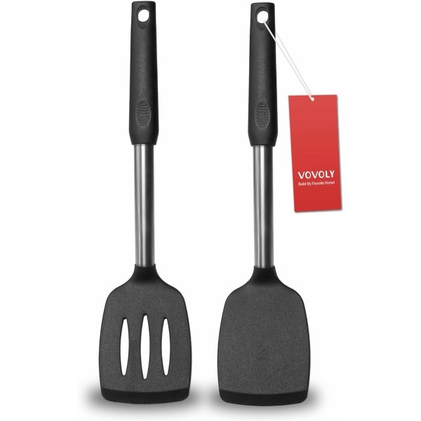 2 Pack Spatulas, Solid & Slotted Silicone Spatula Set, Stainless Steel Handle