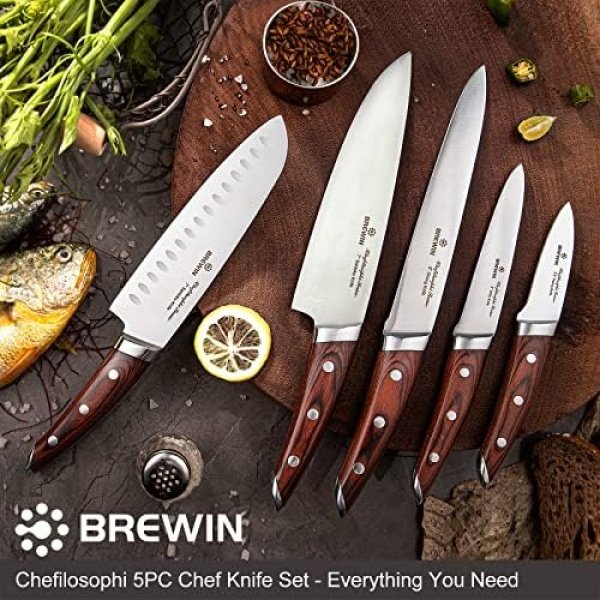 Brewin CHEFILOSOPHI Japanese Chef Knife Set 5 PCS with Elegant Red Pakkawood - Image 3