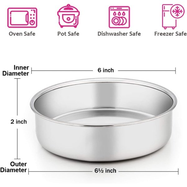 E-far 6 Inch Cake Pan Set of 3, Stainless Steel Round Smash Cake Baking Pans - Image 2