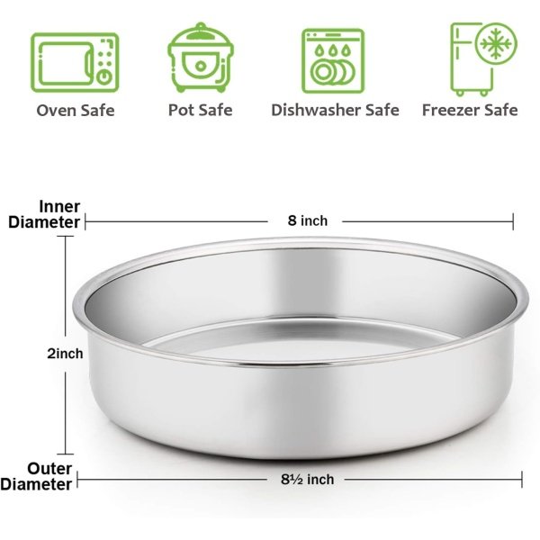 E-far 8 Inch Cake Pan Set of 3, Stainless Steel Round Layer Cake Baking Pans - Image 2