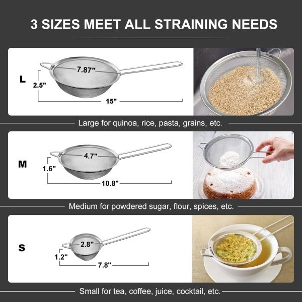 Walfos Fine Mesh Strainers Set, Premium Stainless Steel Colanders and Sifters - Image 2
