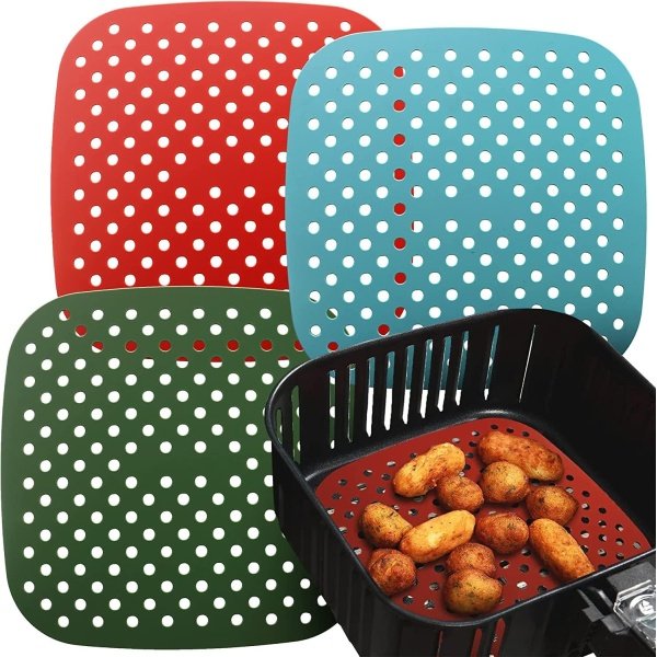 Reusable Square Silicone Air Fryer Liners (7.5 Inch, 3 Pack) by Linda’s