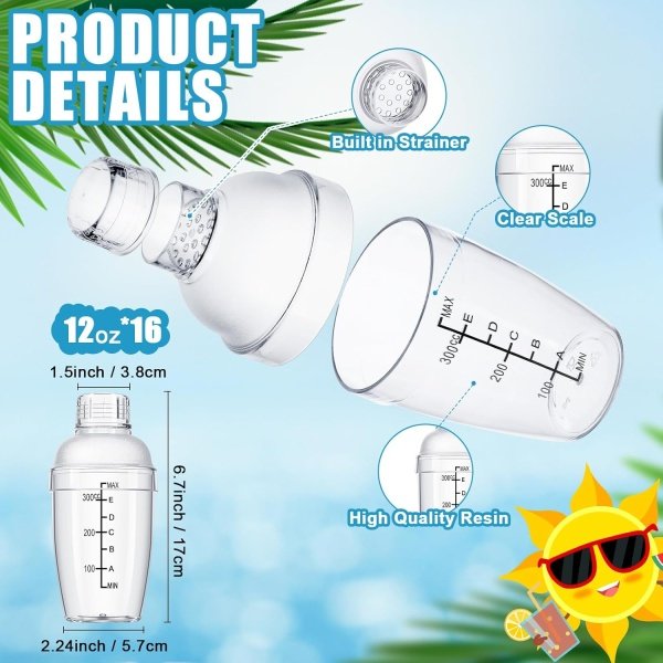 Lallisa 16 Pcs Plastic Cocktail Shaker Set Drink Mixer Boba Clear Shaker Cup - Image 2