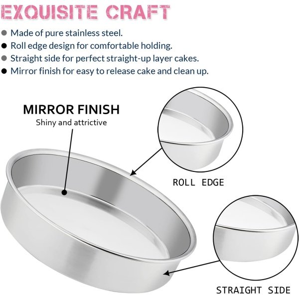 E-far 8 Inch Cake Pan Set of 3, Stainless Steel Round Layer Cake Baking Pans - Image 3
