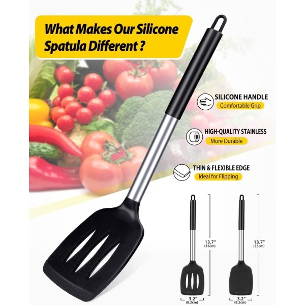 Pack of 2 Silicone Solid Turner, Non Stick Slotted Kitchen Spatulas - Image 2