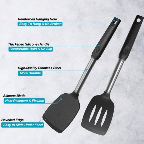2 Pack Spatulas, Solid & Slotted Silicone Spatula Set, Stainless Steel Handle - Image 3