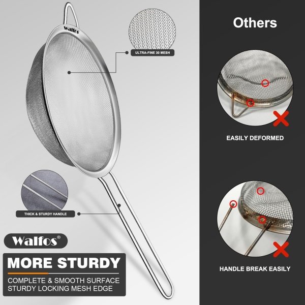 Walfos Fine Mesh Strainers Set, Premium Stainless Steel Colanders and Sifters - Image 4