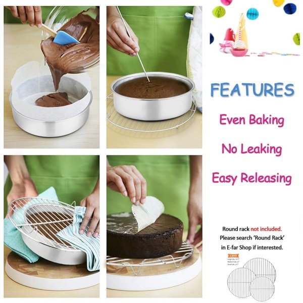 E-far 6 Inch Cake Pan Set of 3, Stainless Steel Round Smash Cake Baking Pans - Image 5