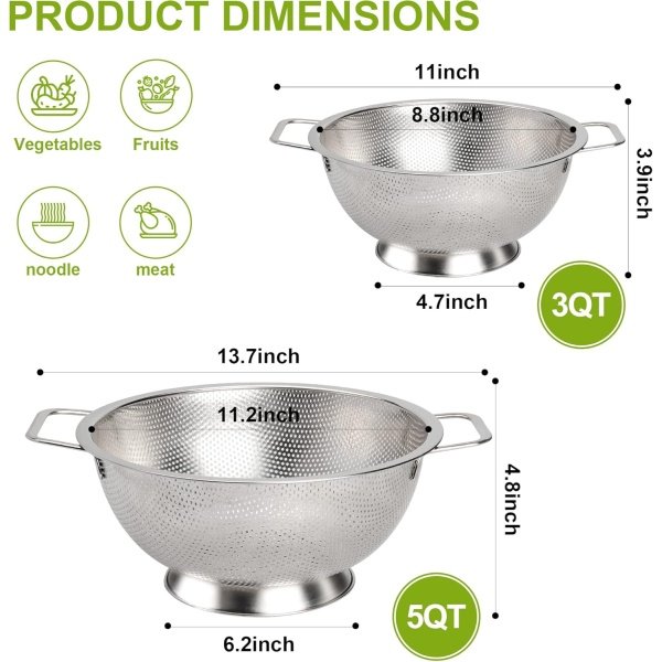 Colander Stainless Steel 3-Quart, Strainer for Kitchen Food, Dishwasher Safe - Image 2