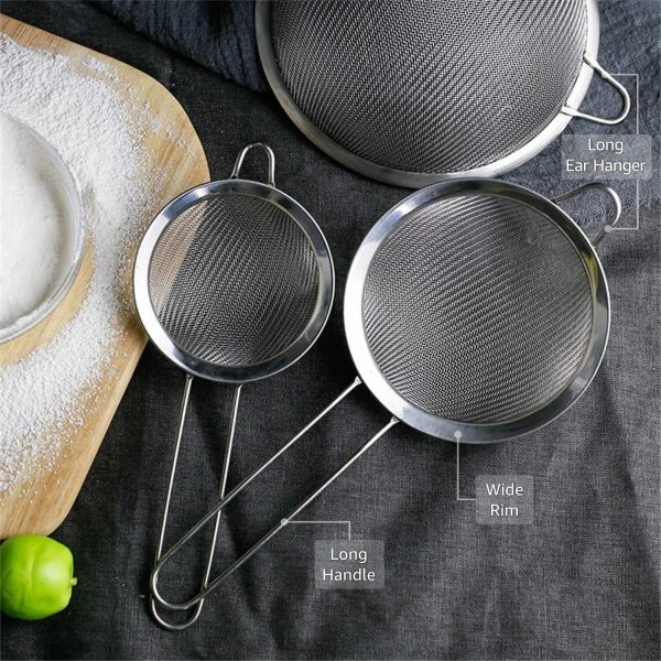 ELEEN Premium Stainless Steel Fine Mesh Strainers for Kitchen 3-Piece Set - Image 2