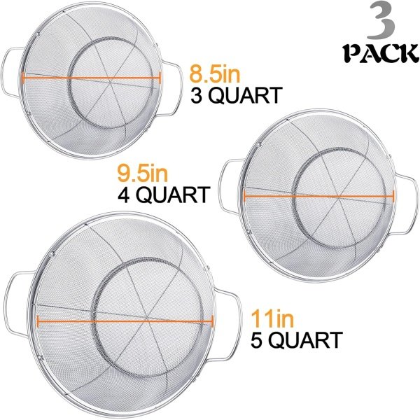 3 Pack 18/8 Stainless Steel Colander Sieves(5-Quart, 4-Quart and 3-Quart) - Image 4