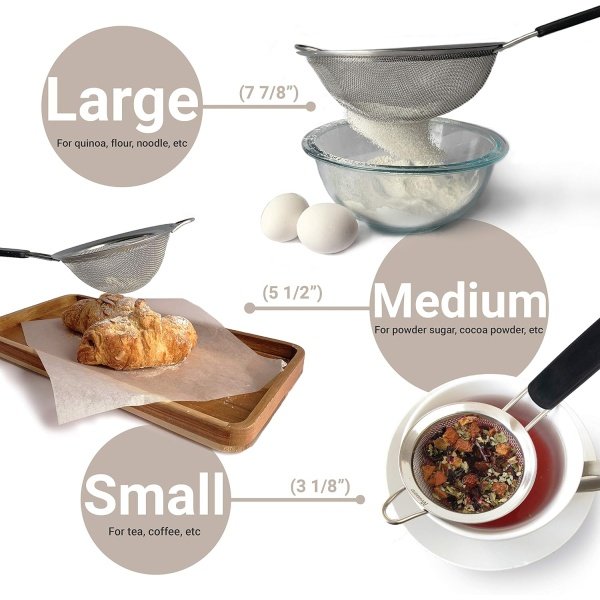 Makerstep Fine Mesh Strainer Set of 3, Stainless Steel 3.38", 5.5", 7.87" - Image 2